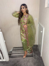 Load image into Gallery viewer, 3pc Pistachio Embroidered Shalwar Kameez with Embroidered Chiffon Dupatta Stitched Suit Ready to wear JF-PISTACHI1
