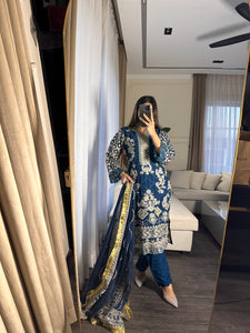 3pc BLUE Embroidered Shalwar Kameez wit Chiffon dupatta Stitched Suit Ready to wear HW-U2253