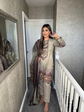 Load image into Gallery viewer, 3PC Stitched Beige Grey shalwar Suit Ready to wear DHANAK winter Wear with Dhanak dupatta DNE-0302
