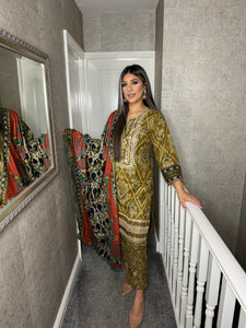 3PC Stitched OLIVE shalwar Suit Ready to wear DHANAK winter Wear with Dhanak dupatta MBD-001