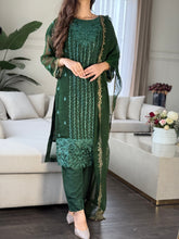 Load image into Gallery viewer, 3pc Emerald Green Embroidered Shalwar Kameez with CHIFFON dupatta Stitched Suit Ready to wear HW-U2419
