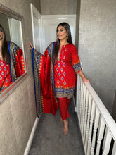 Load image into Gallery viewer, 3PC Stitched Red shalwar Suit Ready to wear KHADDAR winter Wear with KHADDAR dupatta KNE-0102
