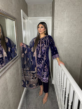 Load image into Gallery viewer, 3pc NAVY PURPLE VELVET Embroidered Shalwar Kameez with NET/Velvet dupatta Stitched Suit Ready to wear HW-DT117B
