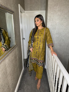 3PC Stitched OLIVE shalwar Suit Ready to wear KHADDAR winter Wear with KHADDAR dupatta KNE-0307