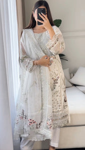 3pc WHITE Embroidered Shalwar Kameez wit Chiffon dupatta Stitched Suit Ready to wear HW-U2262