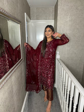 Load image into Gallery viewer, 3pc MAROON Embroidered suit with Chiffon dupatta Stitched Suit Ready to wear HW-24003
