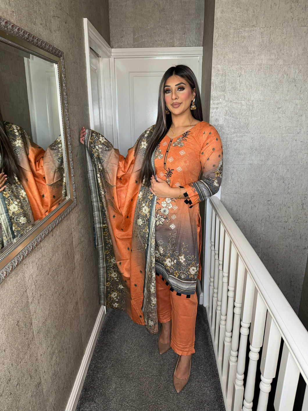 3PC Stitched Orange shalwar Suit Ready to wear KHADDAR winter Wear with KHADDAR dupatta KNE-0316A