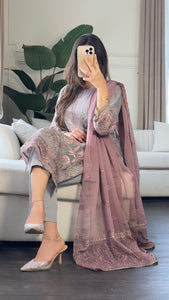3pc GREY MAUVE Embroidered Shalwar Kameez with CHIFFON dupatta Stitched Suit Ready to wear HW-U2284
