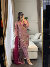 Load image into Gallery viewer, 3pc Pastel Purple Embroidered Shalwar Kameez with Chiffon dupatta Stitched Suit Ready to wear HW-DT93
