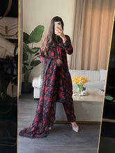 Load image into Gallery viewer, 3 pcs Stitched lawn BLACK RED suit Ready to Wear with CHIFFON dupatta LAWN-053
