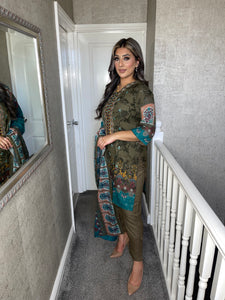 3PC Stitched GREY OLIVE shalwar Suit Ready to wear DHANAK winter Wear with Dhanak dupatta JF-DH05