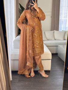 3pc NUDE Embroidered  Chiffon Shalwar Kameez with Net dupatta Stitched Suit Ready to wear HW-DT83D