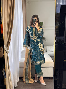 3pc BOTTLE GREEN Embroidered Shalwar Kameez wit CHIFFON  dupatta Stitched Suit Ready to wear HW-U2313