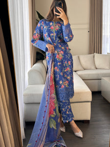 3 pcs Stitched Blue lawn suit Ready to Wear with chiffon dupatta LNE-24018