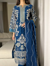 Load image into Gallery viewer, 3pc BLUE Embroidered Shalwar Kameez wit Chiffon dupatta Stitched Suit Ready to wear HW-U2253
