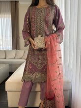 Load image into Gallery viewer, 3pc PURPLE Embroidered Shalwar Kameez wit Net dupatta Stitched Suit Ready to wear HW-DT81
