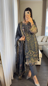3PC DARK GREY Embroidered Shalwar Kameez with CHIFFON dupatta Stitched Suit Ready to wear HW-U2383