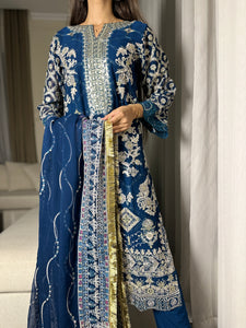 3pc BLUE Embroidered Shalwar Kameez wit Chiffon dupatta Stitched Suit Ready to wear HW-U2253