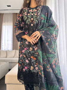 3 pcs Stitched Black lawn suit Ready to Wear with chiffon dupatta LNE-24016