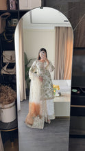Load image into Gallery viewer, 3pc WHITE Embroidered Shalwar Kameez with Plazoo and Net dupatta Stitched Suit Ready to wear HW-U2420B
