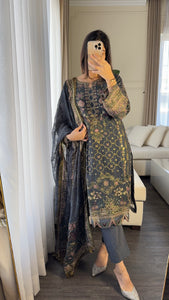 3PC DARK GREY Embroidered Shalwar Kameez with CHIFFON dupatta Stitched Suit Ready to wear HW-U2383