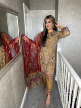 Load image into Gallery viewer, 3pc Bronze Embroidered Shalwar Kameez with Chiffon dupatta Stitched Suit Ready to wear HW-RM357
