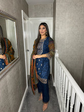 Load image into Gallery viewer, 3PC BLUE Stitched shalwar Suit Ready to wear DHANAK winter Wear with Dhanak dupatta MBD-007
