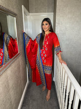 Load image into Gallery viewer, 3PC Stitched Red shalwar Suit Ready to wear KHADDAR winter Wear with KHADDAR dupatta KNE-0102
