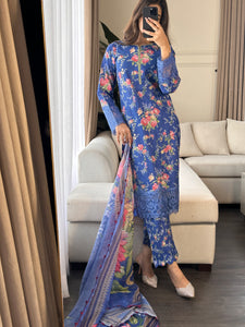 3 pcs Stitched Blue lawn suit Ready to Wear with chiffon dupatta LNE-24018