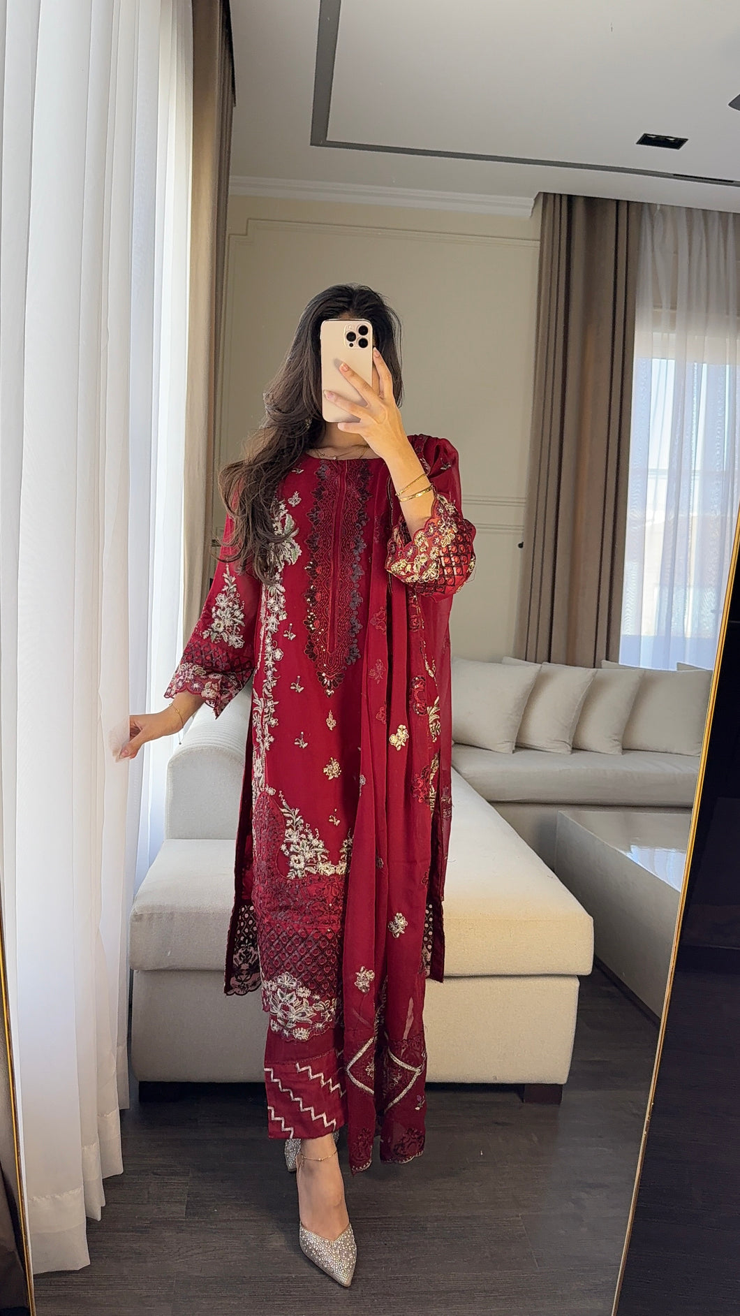 3pc BLOOD RED Embroidered Shalwar Kameez with CHIFFON dupatta Stitched Suit Ready to wear HW-U2399