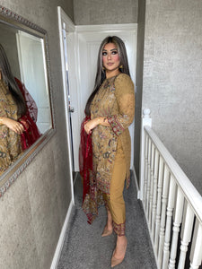 3pc Bronze Embroidered Shalwar Kameez with Chiffon dupatta Stitched Suit Ready to wear HW-RM357