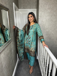 3PC Stitched Sea Blue shalwar Suit Ready to wear DHANAK winter Wear with Dhanak dupatta DNE-0301