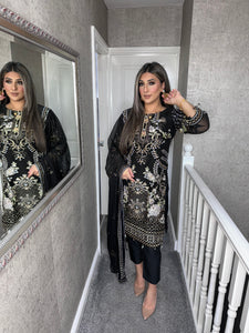 3pc BLACK Embroidered suit with Chiffon dupatta Stitched Suit Ready to wear HW-U2155