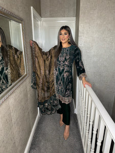 3pc DARK GREEN VELVET Embroidered Shalwar Kameez with NET/Velvet dupatta Stitched Suit Ready to wear HW-DT114