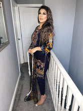 Load image into Gallery viewer, 3 pcs Stitched NAVY PURPLE lawn suit Ready to Wear with chiffon dupatta JF-NAVYPURPLE01
