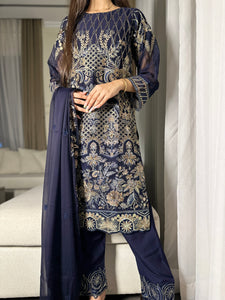 3pc Midnight Blue Embroidered Shalwar Kameez with CHIFFON dupatta Stitched Suit Ready to wear HW-U2276