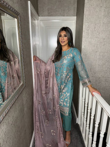 3pc SEA BLUE Embroidered Shalwar Kameez wit Net dupatta Stitched Suit Ready to wear HW-UQ2158