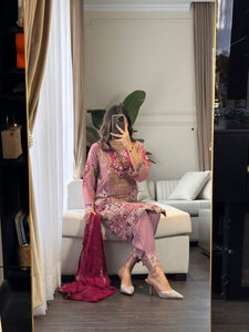 3pc Pastel Purple Embroidered Shalwar Kameez with Chiffon dupatta Stitched Suit Ready to wear HW-DT93