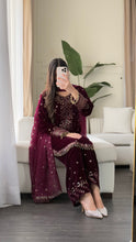 Load image into Gallery viewer, 3pc Burgundy VELVET Embroidered Shalwar Kameez with NET/Velvet dupatta Stitched Suit Ready to wear HW-UBURGUNDY
