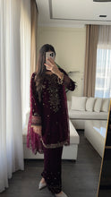 Load image into Gallery viewer, 3pc Burgundy VELVET Embroidered Shalwar Kameez with NET/Velvet dupatta Stitched Suit Ready to wear HW-UBURGUNDY
