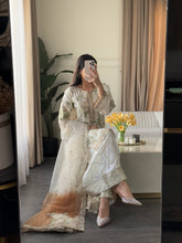 Load image into Gallery viewer, 3pc WHITE Embroidered Shalwar Kameez with Plazoo and Net dupatta Stitched Suit Ready to wear HW-U2420B
