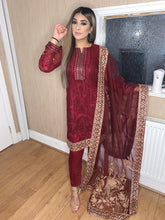 Load image into Gallery viewer, 3pc Burgundy Embroidered Shalwar Kameez wit Chiffon dupatta Stitched Suit Ready to wear HW-MF01
