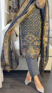 3PC DARK GREY Embroidered Shalwar Kameez with CHIFFON dupatta Stitched Suit Ready to wear HW-U2383
