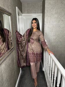 3PC Stitched MAUVE shalwar Suit Ready to wear DHANAK winter Wear with Dhanak dupatta DNE-0308