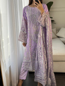 3pc LILAC Embroidered Shalwar Kameez wit Net dupatta Stitched Suit Ready to wear HW-U2190