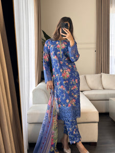 3 pcs Stitched Blue lawn suit Ready to Wear with chiffon dupatta LNE-24018