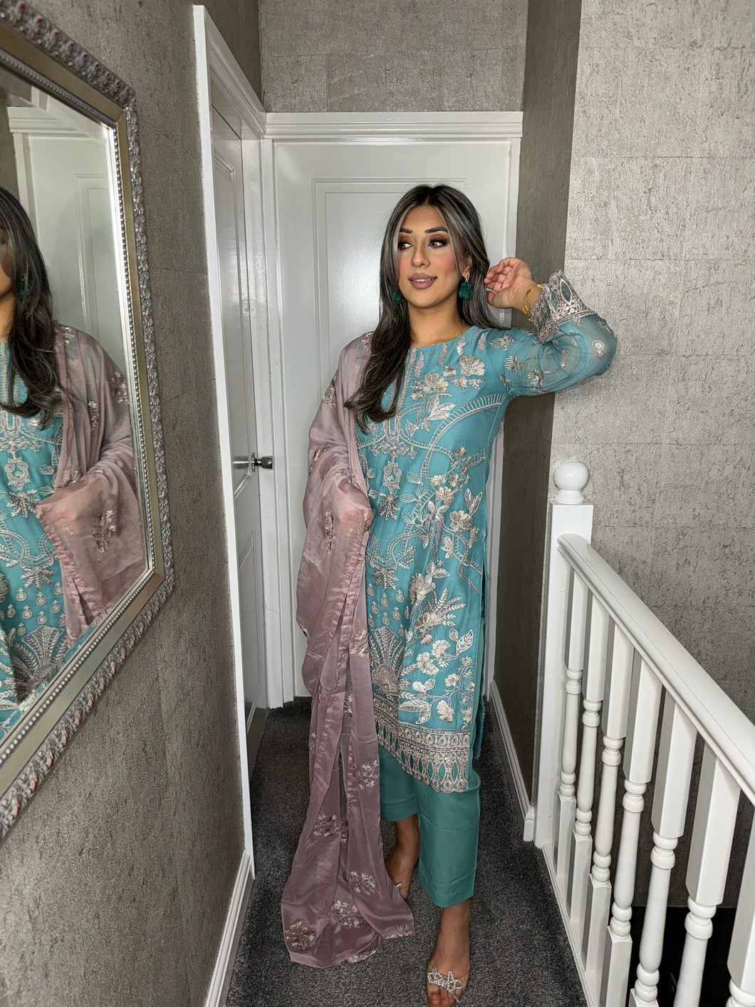 3pc SEA BLUE Embroidered Shalwar Kameez wit Net dupatta Stitched Suit Ready to wear HW-UQ2158