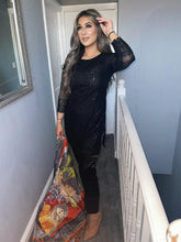 Load image into Gallery viewer, 3pc Embroidered BLACK with Printed chiffon Dupatta Shalwar Kameez Stitched Suit Ready to wear AN-BJZ09
