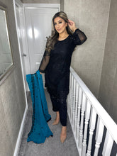 Load image into Gallery viewer, 3pc Black with TEAL Embroidered Dupatta Shalwar Kameez Stitched Suit Ready to wear AN-BLACKTEAL
