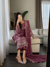 Load image into Gallery viewer, 3pc Deep Mauve Embroidered Shalwar Kameez with CHIFFON dupatta Stitched Suit Ready to wear HW-U2355
